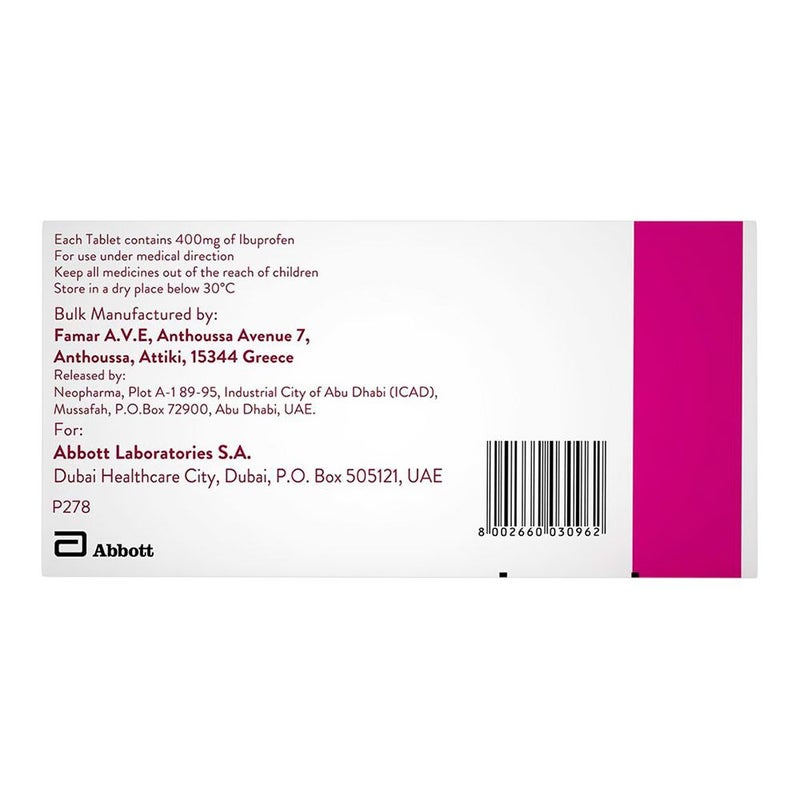 Brufen, 400mg Tablets, Pain relief and fever reducer medication, 30 tablets - Image 2