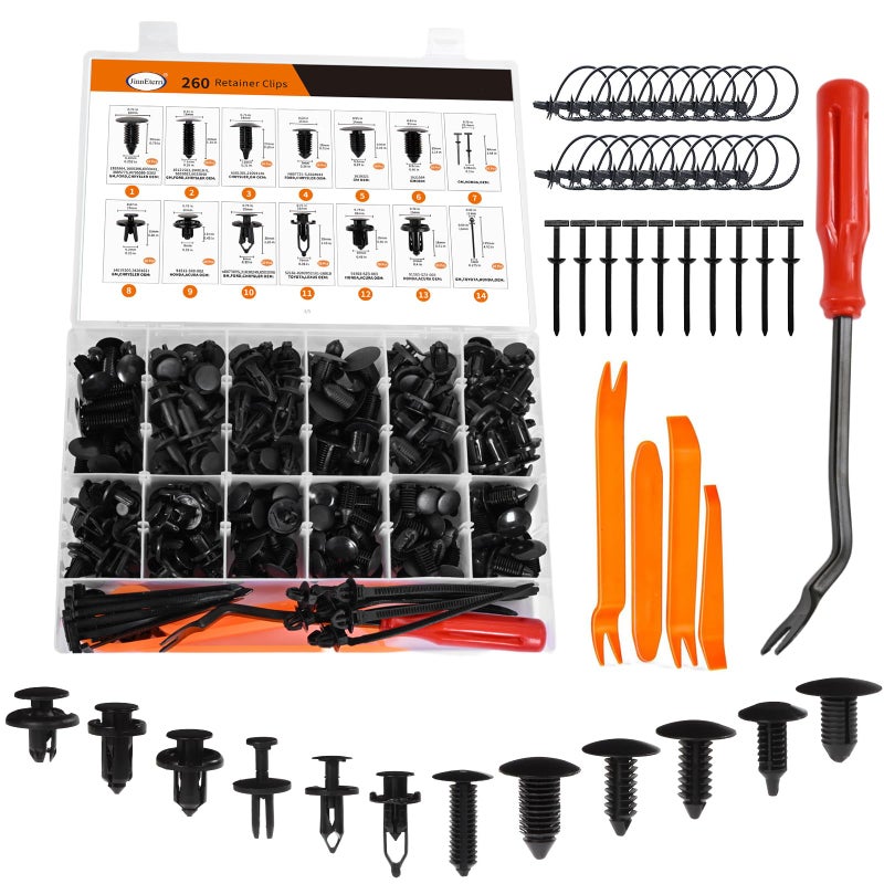 JinnEterri 260PCS Car Bumper Retainer Clips Kit - Auto Plastic Rivets & Push Fasteners Set, Most Popular Sizes for Door Trim, Panel, Fender - Compatible with GM, Ford, Toyota, Honda, Chrysler - Image 1