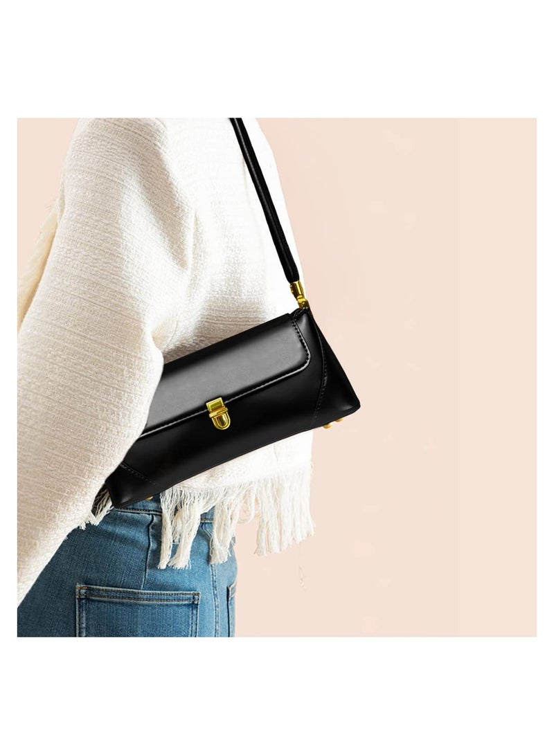 Zikra Shoulder Bag for Women Black PU Leather Purse  Small Handbag Evening Underarm Baguette Zipper Vintage 11x3.7x4.5In - Image 3