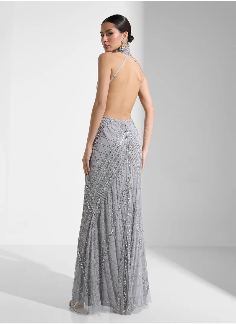 نمشي x Backless Beaded Dress With Slit