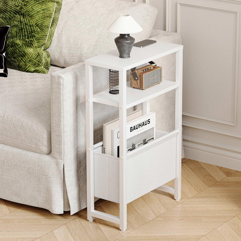 IRCPEN Narrow Side Table, Slim End Table with Magazine Rack, Bedside Table for Small Spaces, 3 Tier Sofa Couch Table Nightstand for Living Room, Bedroom, White LET503W - Image 2