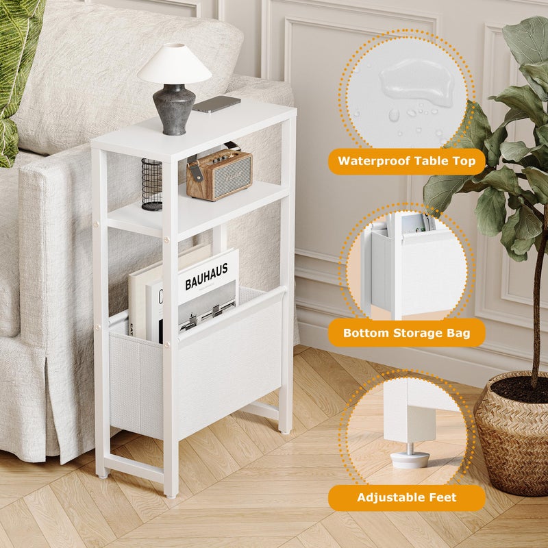 IRCPEN Narrow Side Table, Slim End Table with Magazine Rack, Bedside Table for Small Spaces, 3 Tier Sofa Couch Table Nightstand for Living Room, Bedroom, White LET503W - Image 4