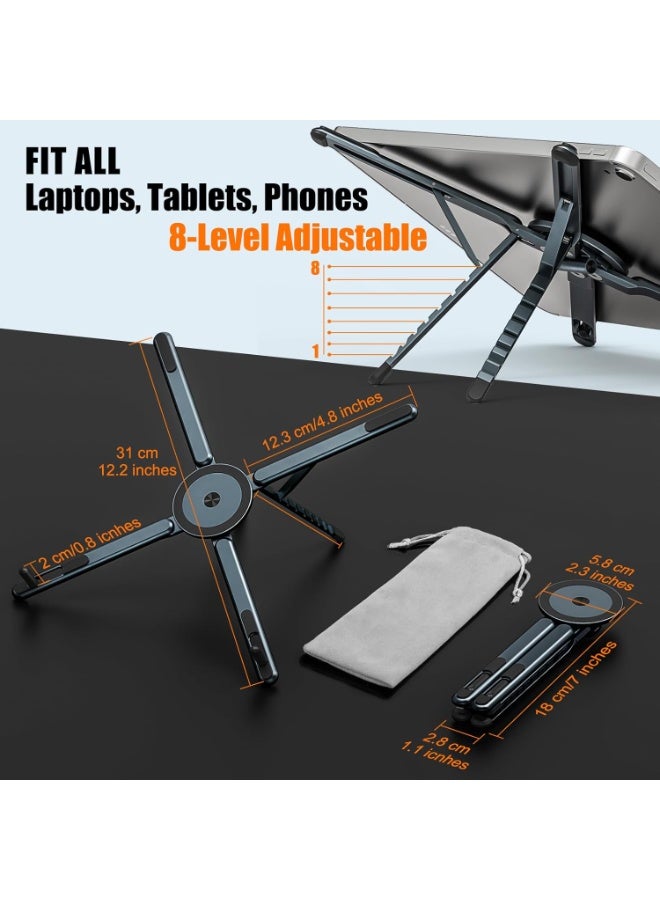 حامل كمبيوتر محمول محمول للسفر، حامل كمبيوتر مكتبي 3 في 1، حامل مغناطيسي للهاتف، حامل ثلاثي القوائم، لأجهزة الكمبيوتر المحمولة من 10 إلى 15.6 بوصة وأجهزة الكمبيوتر اللوحية/الهواتف من 4 إلى 13 بوصة، معدن قابل للطي صغير الحجم، 8 مستويات لضبط الارتفاع - Image 2