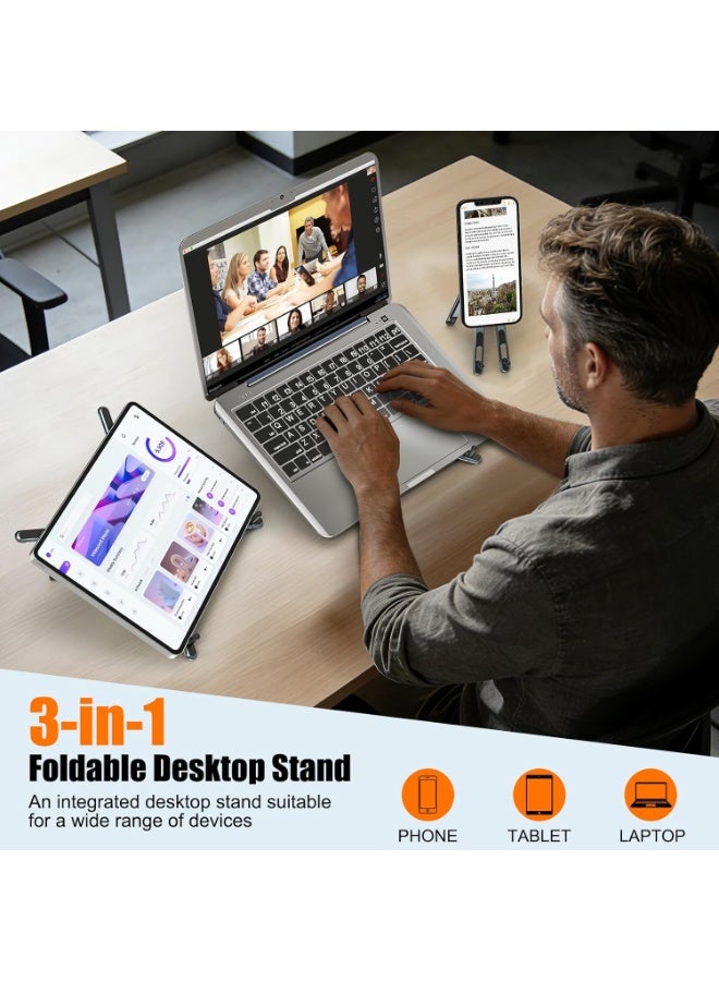 حامل كمبيوتر محمول محمول للسفر، حامل كمبيوتر مكتبي 3 في 1، حامل مغناطيسي للهاتف، حامل ثلاثي القوائم، لأجهزة الكمبيوتر المحمولة من 10 إلى 15.6 بوصة وأجهزة الكمبيوتر اللوحية/الهواتف من 4 إلى 13 بوصة، معدن قابل للطي صغير الحجم، 8 مستويات لضبط الارتفاع - Image 5
