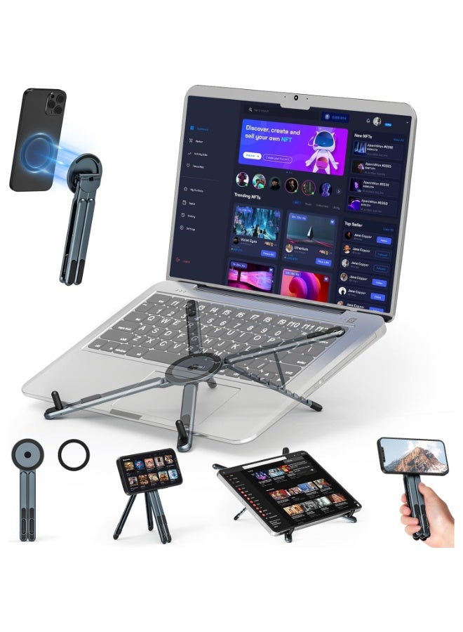 حامل كمبيوتر محمول محمول للسفر، حامل كمبيوتر مكتبي 3 في 1، حامل مغناطيسي للهاتف، حامل ثلاثي القوائم، لأجهزة الكمبيوتر المحمولة من 10 إلى 15.6 بوصة وأجهزة الكمبيوتر اللوحية/الهواتف من 4 إلى 13 بوصة، معدن قابل للطي صغير الحجم، 8 مستويات لضبط الارتفاع - Image 1