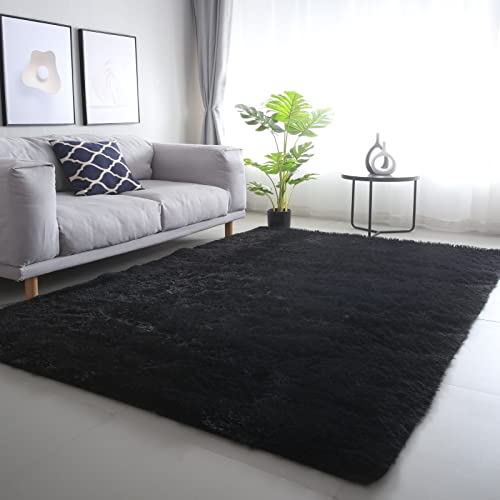 CAIYUECS Shag Area Rug,Indoor Ultra Soft Plush Rugs for Bedroom Living Room, Non-Skid Modern Nursery Faux Fur Rugs for Kids Room Home Decor (4x6 Feet, Black) - Image 1