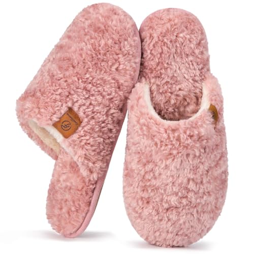 EverFoams Women's Fuzzy Slip-on Slippers Warm Cozy Soft Lightweight Memory Foam Indoor House Shoes Pink, 7-8 US - Image 1