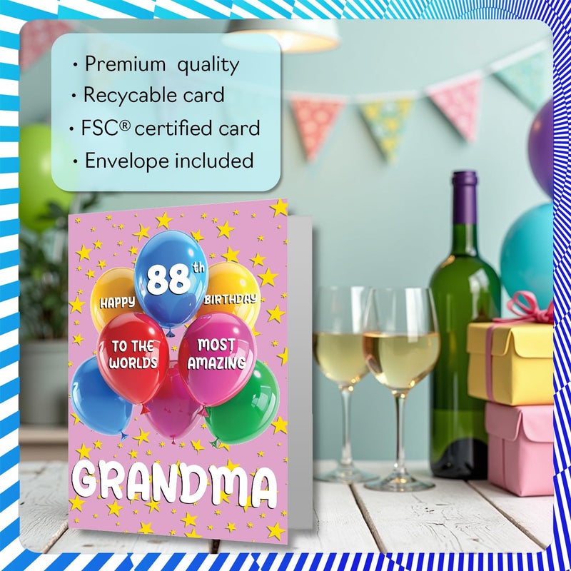Stuff4 Grandma 88th Birthday Card - Worlds Most Amazing - Happy Birthday Card for 88 Year Old Grandma from Grandson Granddaughter  A5 Balloons and Stars Bday Greeting Cards - Image 3