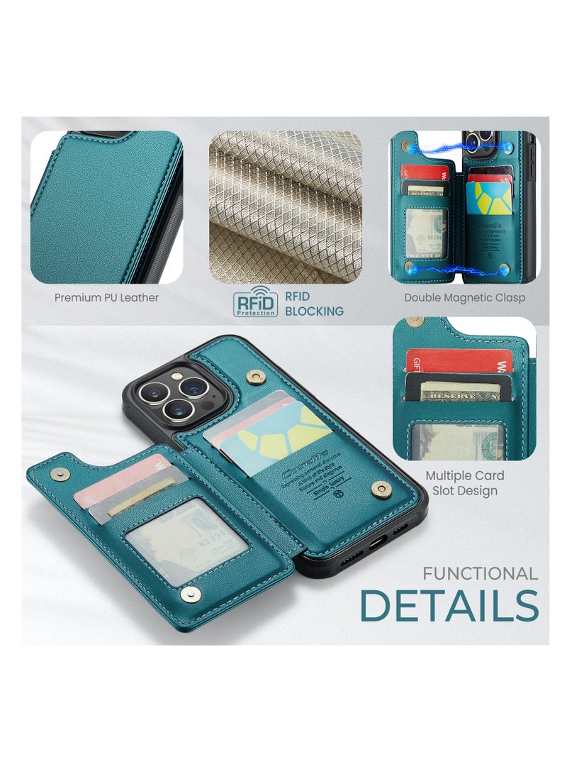 CaseMe Wallet Case for Apple iPhone 13 Pro Max, Premium Handmade Durable PU Leather Slim Shockproof Case with [Double Magnetic Clasp] [Card Holder] [Kickstand] [RFID Blocking] (Green) - Image 4