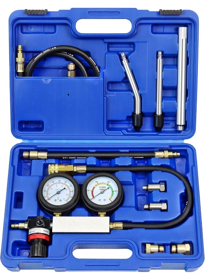 YSTOOL Cylinder Leak Down Tester Automotive Kit Gasoline Engine Compression Dual Gauge Leakdown Detector Tool Set for Pressure Check & Leakage Rate Test with Extension Rod Blue - Image 1