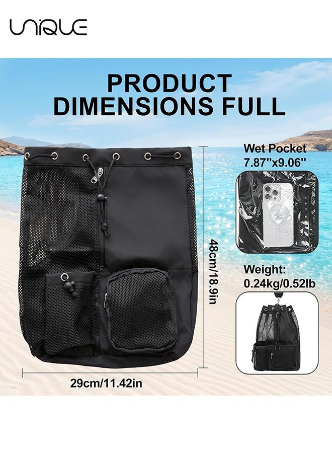 Unique Mesh Beach Backpack with Wet Pocket Drawstring Pool Bag Waterproof Swimming Bag Gym Backpack for Men & Women - Black - Image 2