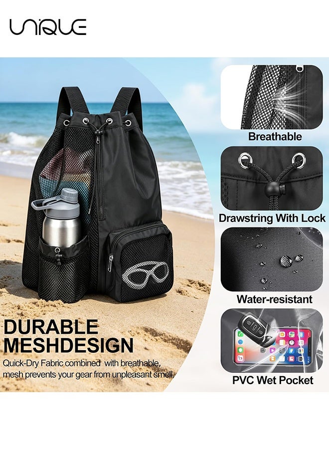 Unique Mesh Beach Backpack with Wet Pocket Drawstring Pool Bag Waterproof Swimming Bag Gym Backpack for Men & Women - Black - Image 3