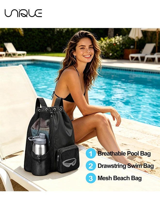 Unique Mesh Beach Backpack with Wet Pocket Drawstring Pool Bag Waterproof Swimming Bag Gym Backpack for Men & Women - Black - Image 5
