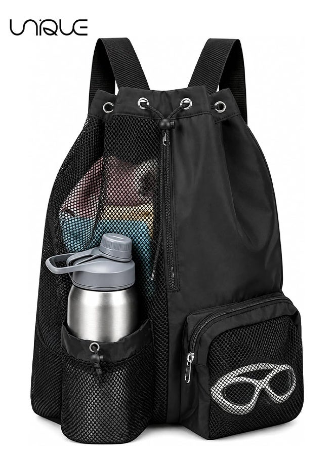 Unique Mesh Beach Backpack with Wet Pocket Drawstring Pool Bag Waterproof Swimming Bag Gym Backpack for Men & Women - Black - Image 1