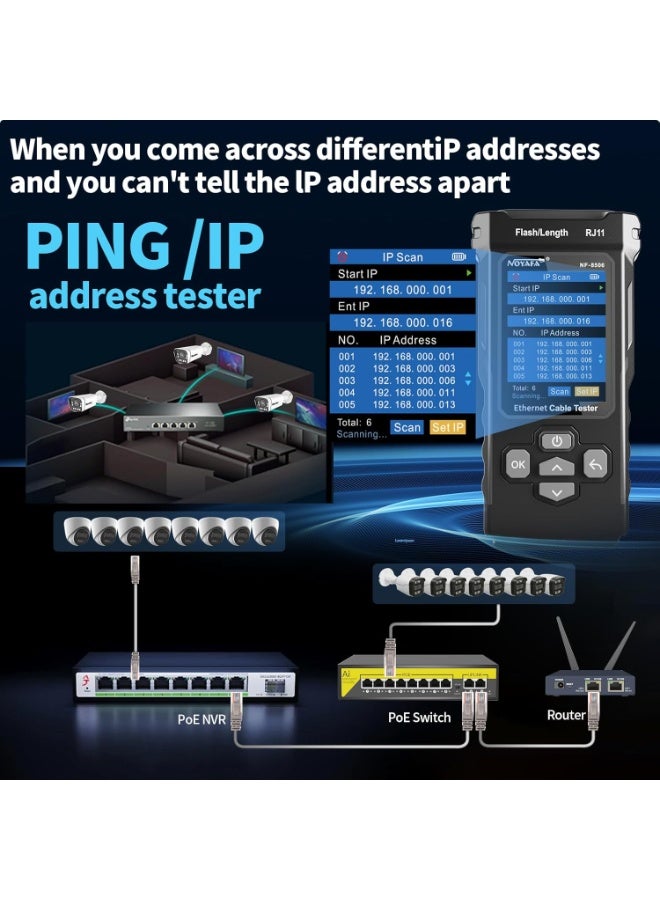 نويافا جهاز اختبار كابلات الشبكة NF-8506 مع خاصية مسح IP واختبار معدل نقل البيانات، واختبار NCV وPOE وPing وTDR، واختبار كابلات CAT5 وCAT6، وجهاز اختبار كابلات الشبكة RJ11 وRJ45 وLAN وإيثرنت، وأداة تحديد موقع كابلات الهاتف. - Image 3
