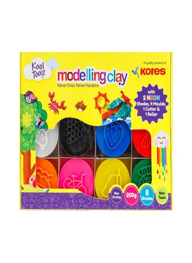 Kores Kool Toolz Modelling Clay – 200 g | 8 Vibrant Shades Including 2 Neon Colors | 4 Moulds, 1 Roller & 1 Cutter | Soft, Reusable & Non-Toxic | Ideal for Kids 3+ | Perfect Return Gift & Craft Kit - Image 2