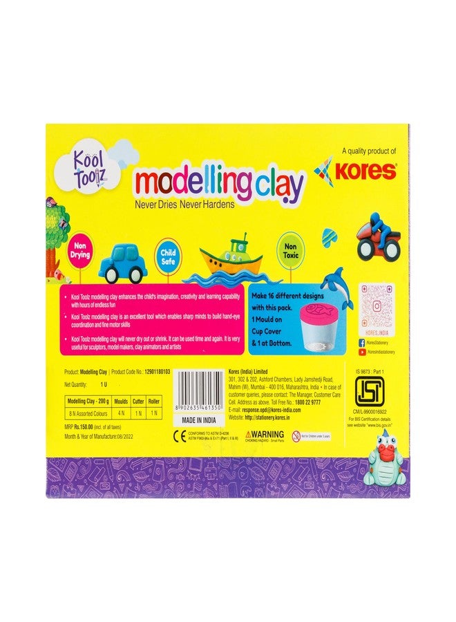 Kores Kool Toolz Modelling Clay – 200 g | 8 Vibrant Shades Including 2 Neon Colors | 4 Moulds, 1 Roller & 1 Cutter | Soft, Reusable & Non-Toxic | Ideal for Kids 3+ | Perfect Return Gift & Craft Kit - Image 3