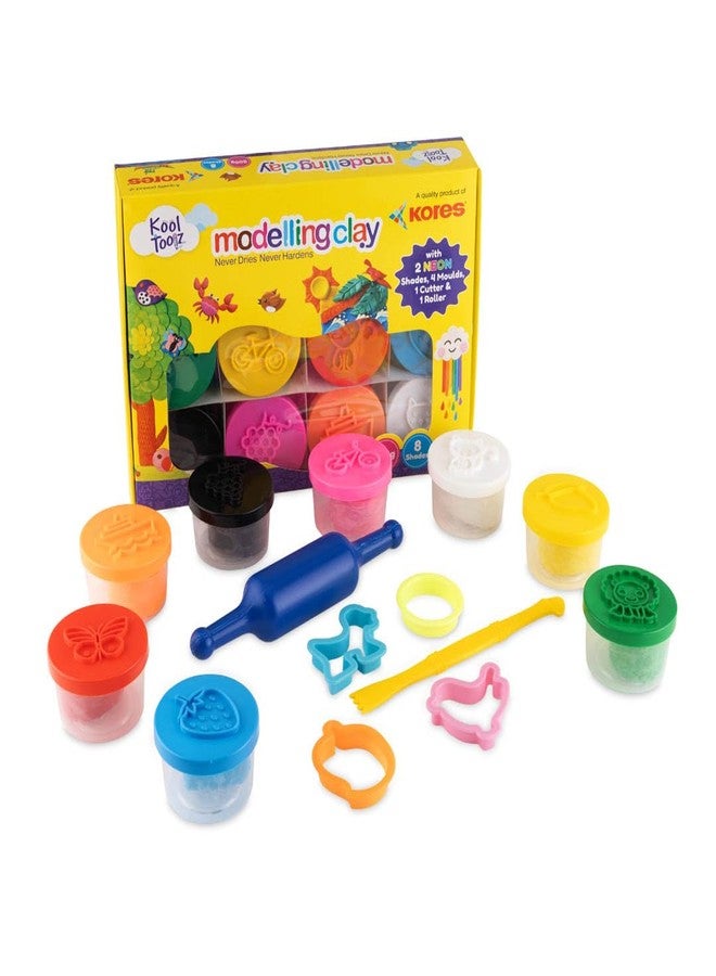 Kores Kool Toolz Modelling Clay – 200 g | 8 Vibrant Shades Including 2 Neon Colors | 4 Moulds, 1 Roller & 1 Cutter | Soft, Reusable & Non-Toxic | Ideal for Kids 3+ | Perfect Return Gift & Craft Kit - Image 1