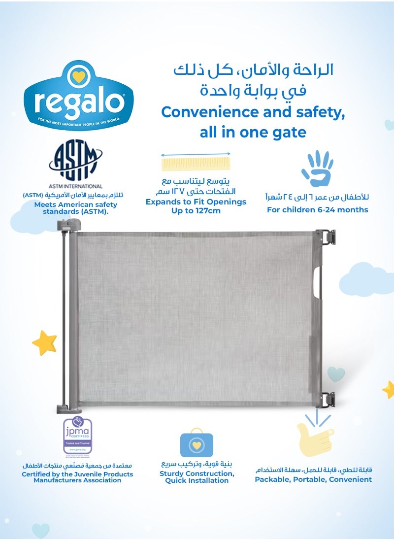 Regalo Extra Wide Retractable Baby Gate | Expands Up to 50” | Secure Mesh Barrier | Lock/Unlock Indicator | Easy Install with Hardware Mount | Pet-Friendly | 30” Tall | Gray  - Image 4