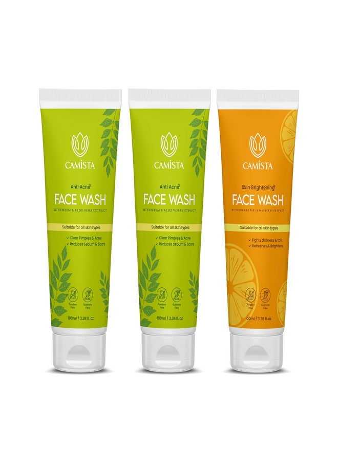 CAMISTA Face Wash Combo - Anti Acne with Neem & Aloe Vera + Skin Brightening with Orange Peel & Mulberry | Pimple Care, Oil Control & Glow Boosting | sulfate & Paraben-Free- 100ml (Pack of 3) - Image 1
