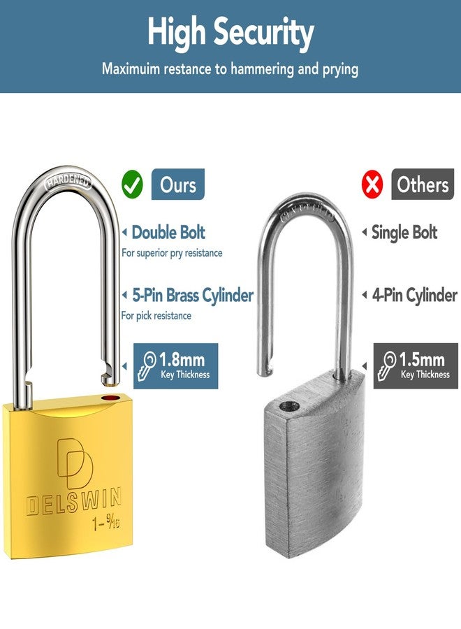 DELSWIN Weatherproof Padlock with Key (Keyed Alike) - Heavy Duty Solid Brass Locker Lock with 1-9/16" Long Shackle, Marine Grade Pad Lock for Outdoor Gate, Fence, Shed (2 Pack) - Image 4