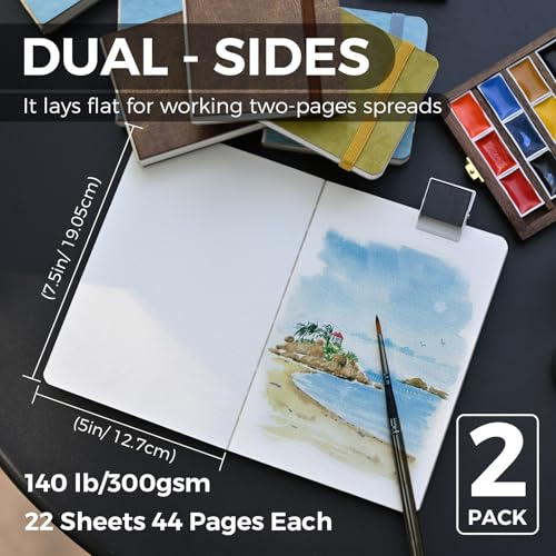 Funto Watercolor Journal 75x5 2 Packs 44 Pages Each ColdPressed 100 Cotton Pearlescent PU Leather Blue Cover Art Supplies for Mixed Media - Image 3