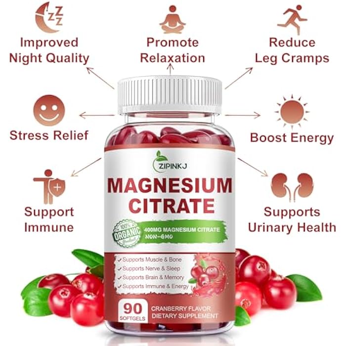 ZIPINKJ Magnesium Citrate Supplements for Women/Men, Magnesium Citrate 400mg with Vitamin D3, Vitamin B6 and Cranberry Extract High Absorption, Improved Night Quality Muscle & Bone, 180-Count, 90 Days Supply - Image 3