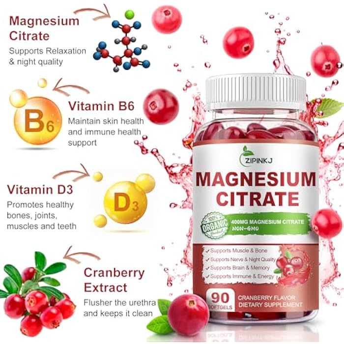 ZIPINKJ Magnesium Citrate Supplements for Women/Men, Magnesium Citrate 400mg with Vitamin D3, Vitamin B6 and Cranberry Extract High Absorption, Improved Night Quality Muscle & Bone, 180-Count, 90 Days Supply - Image 4