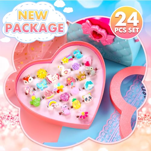 PinkSheep Little Girl Jewel Rings in Heart Box, Adjustable, Girl Gift Pretend Play and Dress Up Rings - Image 2