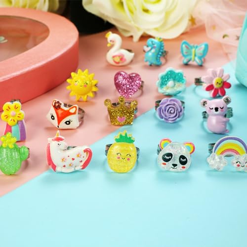 PinkSheep Little Girl Jewel Rings in Heart Box, Adjustable, Girl Gift Pretend Play and Dress Up Rings - Image 4