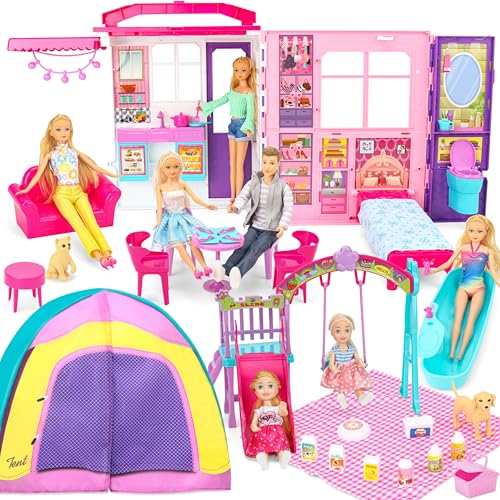Style Shine Doll House Portable Foldable Dollhouse w 60 Pcs 2 Dolls Play House Toy with Bedroom Kitchen Furniture Camping Playset Playhouse Birthday Gift for Girl Kid Toddler - Image 1