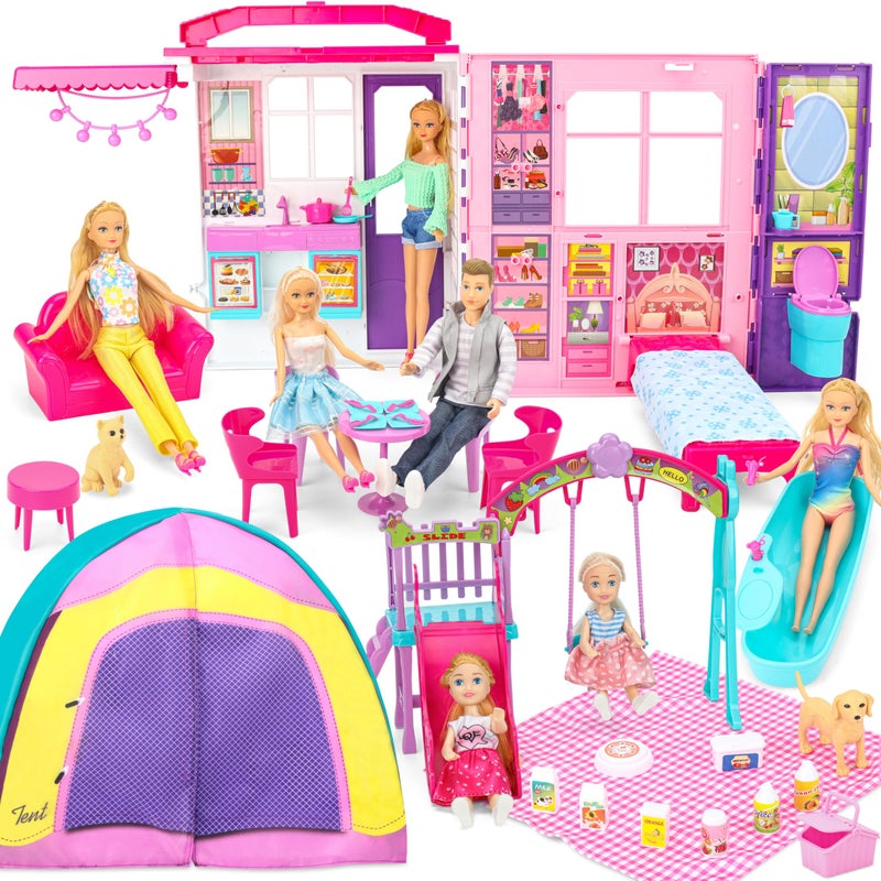 Style Shine Doll House Portable Foldable Dollhouse w 60 Pcs 2 Dolls Play House Toy with Bedroom Kitchen Furniture Camping Playset Playhouse Birthday Gift for Girl Kid Toddler - Image 2
