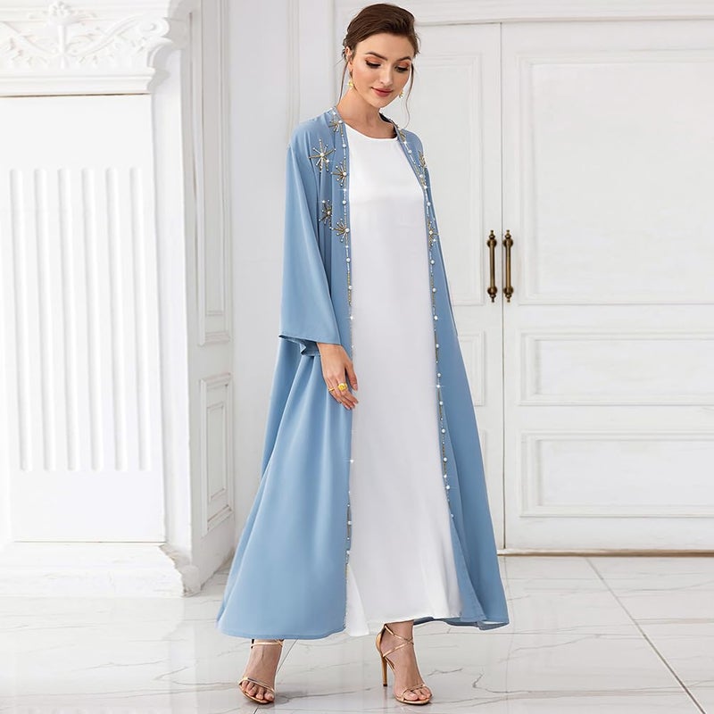 IDOPIP Muslim Abayas for Women Long Sleeve Open Front Cardigan with Belt Rhinestone Applique Maxi Kaftan Dress Islamic Dubai Robe Middle East Loose Full Cover Cardigan Prayer Dress Clothes Blue XL - Image 3