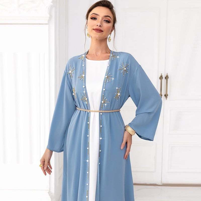 IDOPIP Muslim Abayas for Women Long Sleeve Open Front Cardigan with Belt Rhinestone Applique Maxi Kaftan Dress Islamic Dubai Robe Middle East Loose Full Cover Cardigan Prayer Dress Clothes Blue XL - Image 4