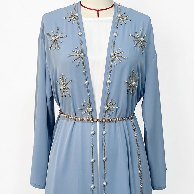 IDOPIP Muslim Abayas for Women Long Sleeve Open Front Cardigan with Belt Rhinestone Applique Maxi Kaftan Dress Islamic Dubai Robe Middle East Loose Full Cover Cardigan Prayer Dress Clothes Blue XL - Image 5