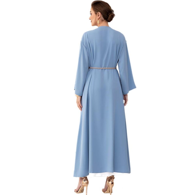 IDOPIP Muslim Abayas for Women Long Sleeve Open Front Cardigan with Belt Rhinestone Applique Maxi Kaftan Dress Islamic Dubai Robe Middle East Loose Full Cover Cardigan Prayer Dress Clothes Blue XL - Image 2