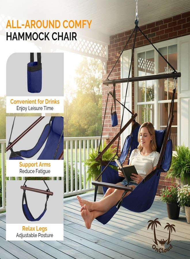 ONCLOUD Sky Chair, Deluxe Hanging Hammock Air Chair Swing Seat with Pillow, Drink Holder, Solid Wood Weather Resistant for Indoor/Outdoor Yard Garden Tree Patio Porch, 250 LBS (Navy Blue) - Image 2