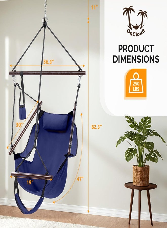 ONCLOUD Sky Chair, Deluxe Hanging Hammock Air Chair Swing Seat with Pillow, Drink Holder, Solid Wood Weather Resistant for Indoor/Outdoor Yard Garden Tree Patio Porch, 250 LBS (Navy Blue) - Image 5