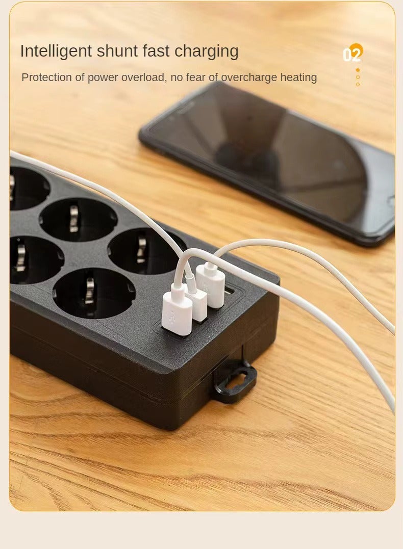 AROAQ Multiple Power Outlets Electrical Sockets, EU Plugs, Extension Cord with 3 USB Ports, Travel Tablets, 4000W, 16A, 2m, 10 Ways - Image 3