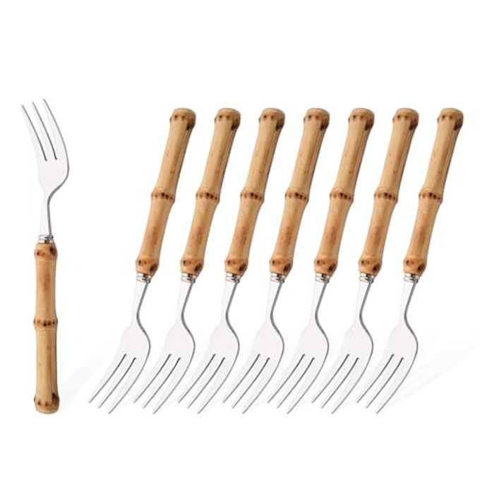 Uniturcky 8-Piece Natural Bamboo Small Dessert Forks, 6.3 Inches Stainless Steel with Bamboo Handle, Cake Forks - Image 1