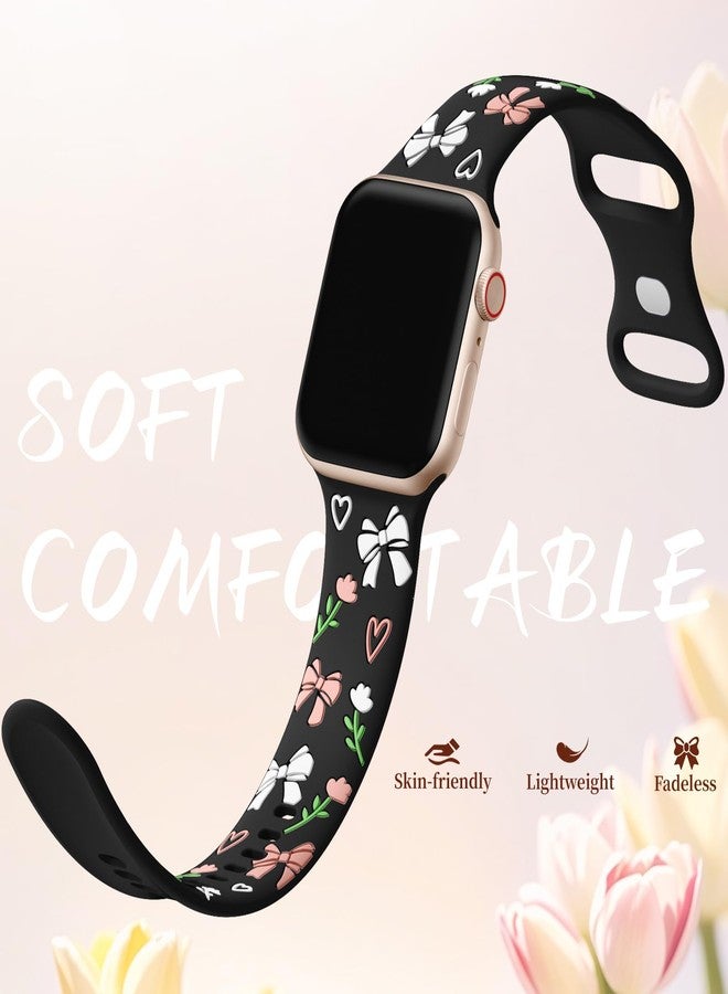 Lerobo Floral Band Compatible with Apple Watch Bands for Women 41mm 40mm 38mm 42mm 44mm 45mm 46mm 49mm, Cute Bow Engraved Soft Silicone Dressy Strap for iWatch Series 11 10 9 8 7 6 5 4 3 2 1 SE Ultra - Image 3