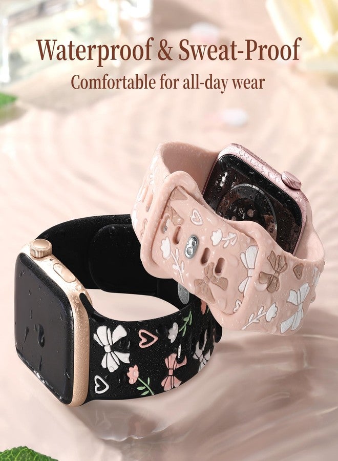Lerobo Floral Band Compatible with Apple Watch Bands for Women 41mm 40mm 38mm 42mm 44mm 45mm 46mm 49mm, Cute Bow Engraved Soft Silicone Dressy Strap for iWatch Series 11 10 9 8 7 6 5 4 3 2 1 SE Ultra - Image 4