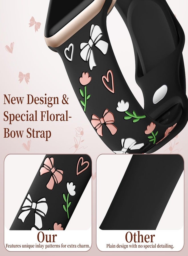 Lerobo Floral Band Compatible with Apple Watch Bands for Women 41mm 40mm 38mm 42mm 44mm 45mm 46mm 49mm, Cute Bow Engraved Soft Silicone Dressy Strap for iWatch Series 11 10 9 8 7 6 5 4 3 2 1 SE Ultra - Image 5