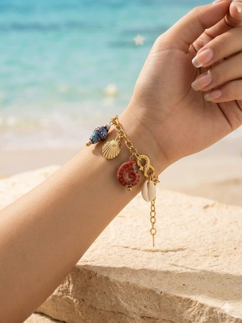 Classic Link Chain Charm Bracelet Adorned with Seashells & Ocean Charms - Trendy Adjustable Summer Wristband