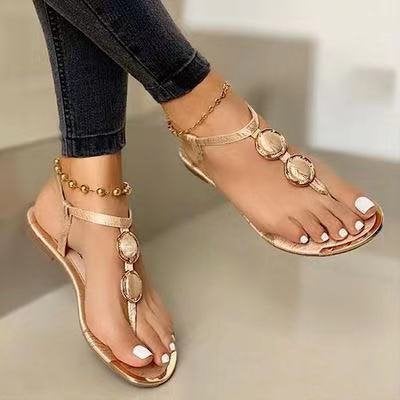 Beaded Sandals 2022 Summer Casual Flat Womens Shoes Gold  - Image 1