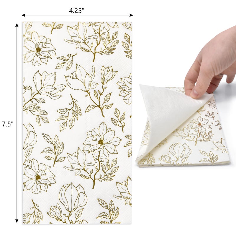 Gift Boutique - 100 Gold Floral Guest Napkins Disposable Paper Spring Flower Garden Dinner Hand Napkins For Summer Bathroom Powder Room Birthday Dinner Party Supplies - Image 2