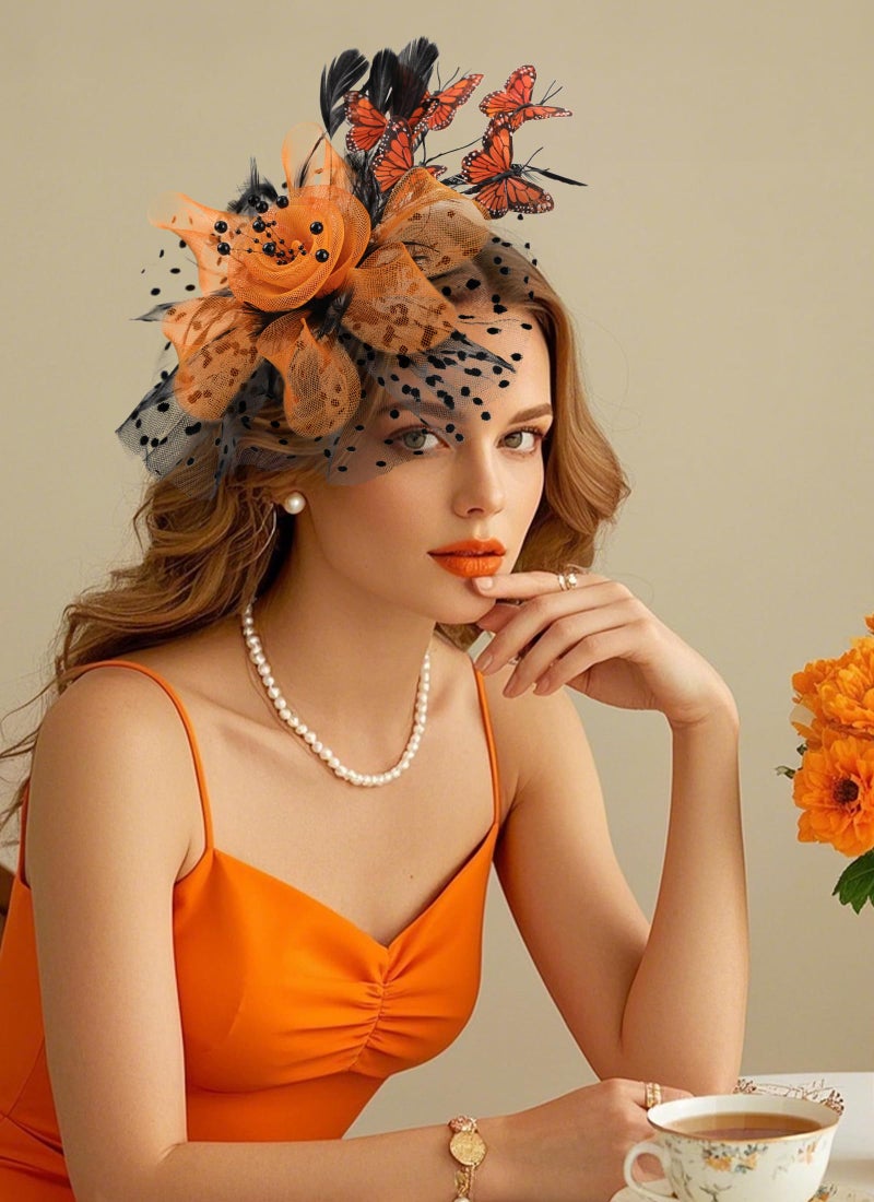 Zinniday Fascinator Hat for Women Tea Party - Black and Orange 2026 Derby Attire Tea Hat with Hairpin, 1920s 50s Monarch Butterfly Fascinators for Women Lady Girls Halloween Renaissance Ball Dress Up - Image 3