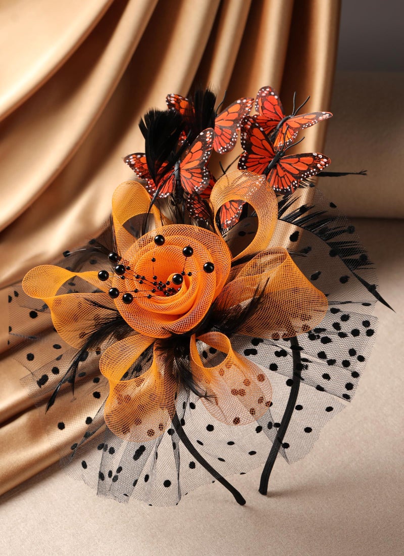 Zinniday Fascinator Hat for Women Tea Party - Black and Orange 2026 Derby Attire Tea Hat with Hairpin, 1920s 50s Monarch Butterfly Fascinators for Women Lady Girls Halloween Renaissance Ball Dress Up - Image 4