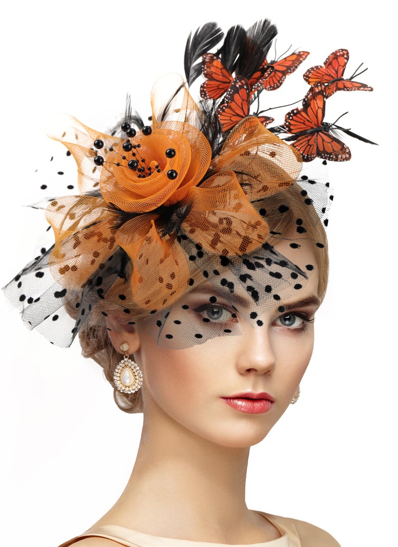 Zinniday Fascinator Hat for Women Tea Party - Black and Orange 2026 Derby Attire Tea Hat with Hairpin, 1920s 50s Monarch Butterfly Fascinators for Women Lady Girls Halloween Renaissance Ball Dress Up - Image 1