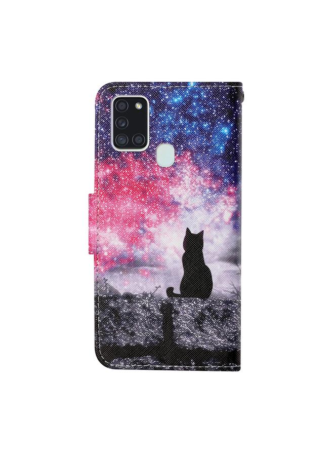 اس-توب جراب لهاتف Samsung Galaxy A21s بنمط رسم ملون، جراب جلدي قلاب أفقي مع حامل وفتحات للبطاقات ومحفظة وحبل - Image 3